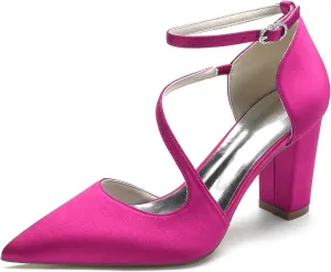 Women's Pointed Toe Ankle Strap Block Chunky Heeled Sandal Comfortable Wedding Dress Pump Shoes