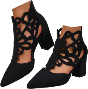 Women's Pointed Toe Booties Chunky Mid High Heels Ankle Boots Classic Cutout Block Back Zippers Dress Party Shoes