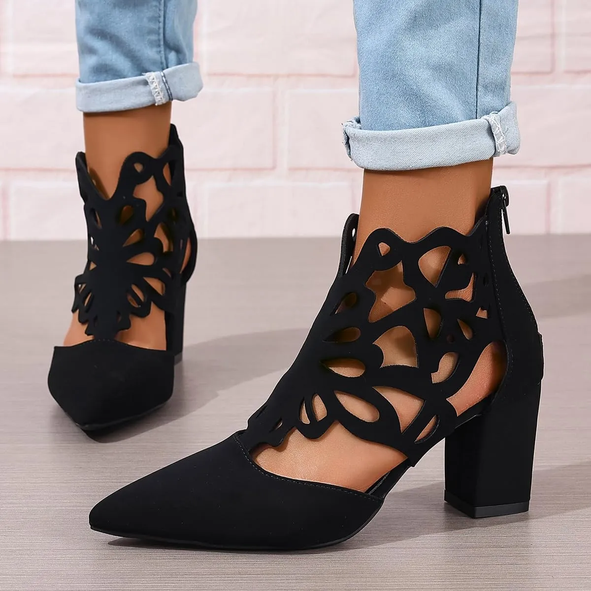 Women's Pointed Toe Booties Chunky Mid High Heels Ankle Boots Classic Cutout Block Back Zippers Dress Party Shoes