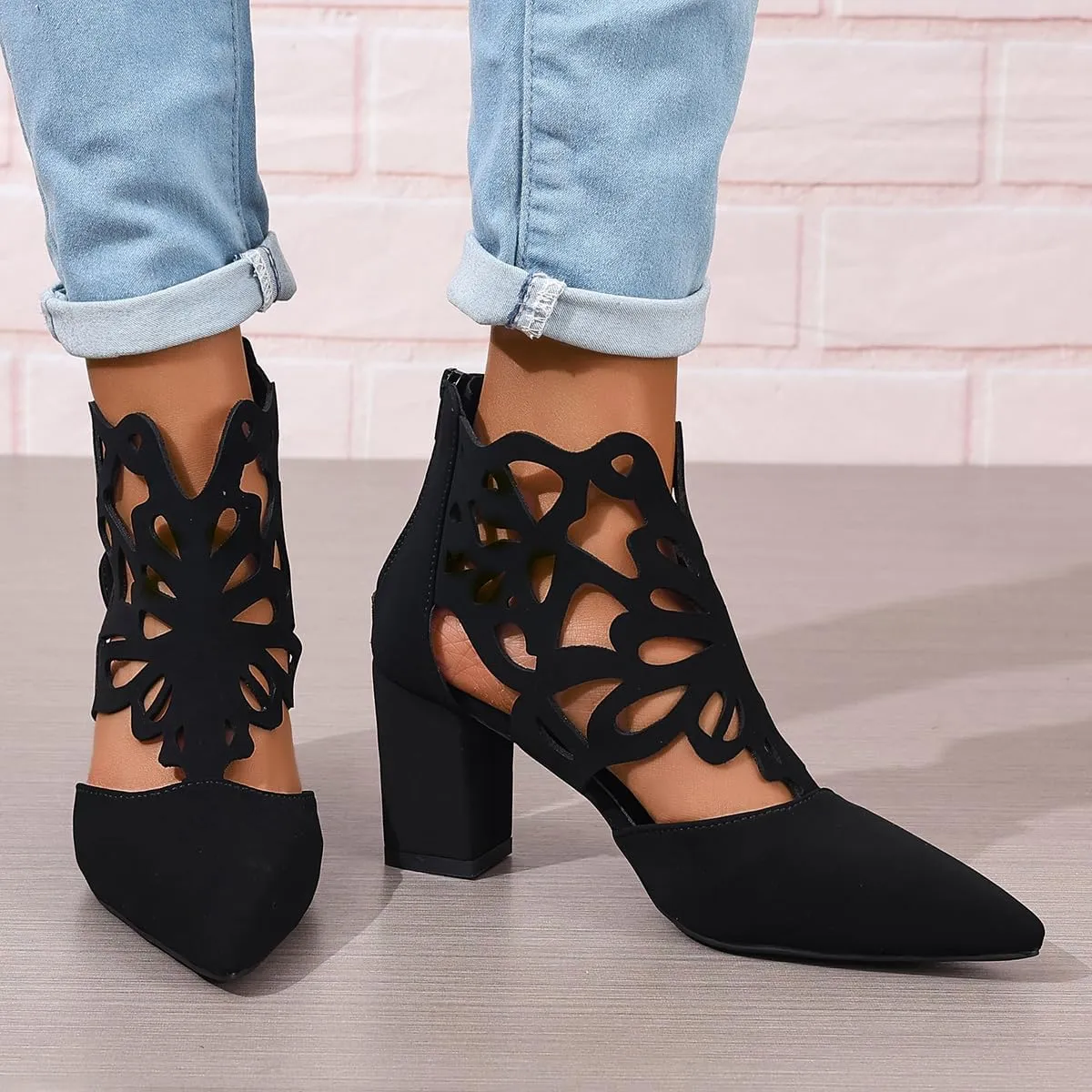 Women's Pointed Toe Booties Chunky Mid High Heels Ankle Boots Classic Cutout Block Back Zippers Dress Party Shoes