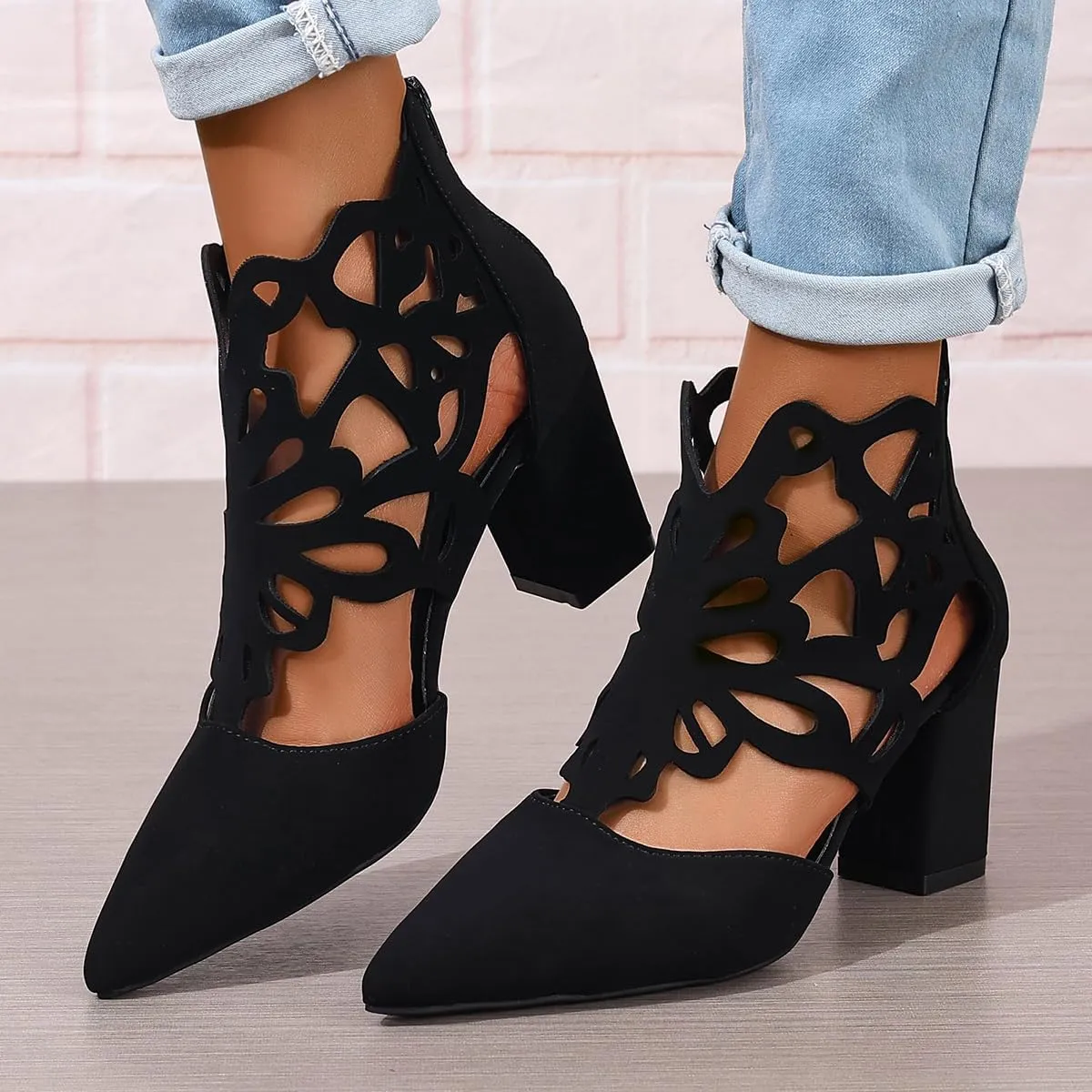 Women's Pointed Toe Booties Chunky Mid High Heels Ankle Boots Classic Cutout Block Back Zippers Dress Party Shoes