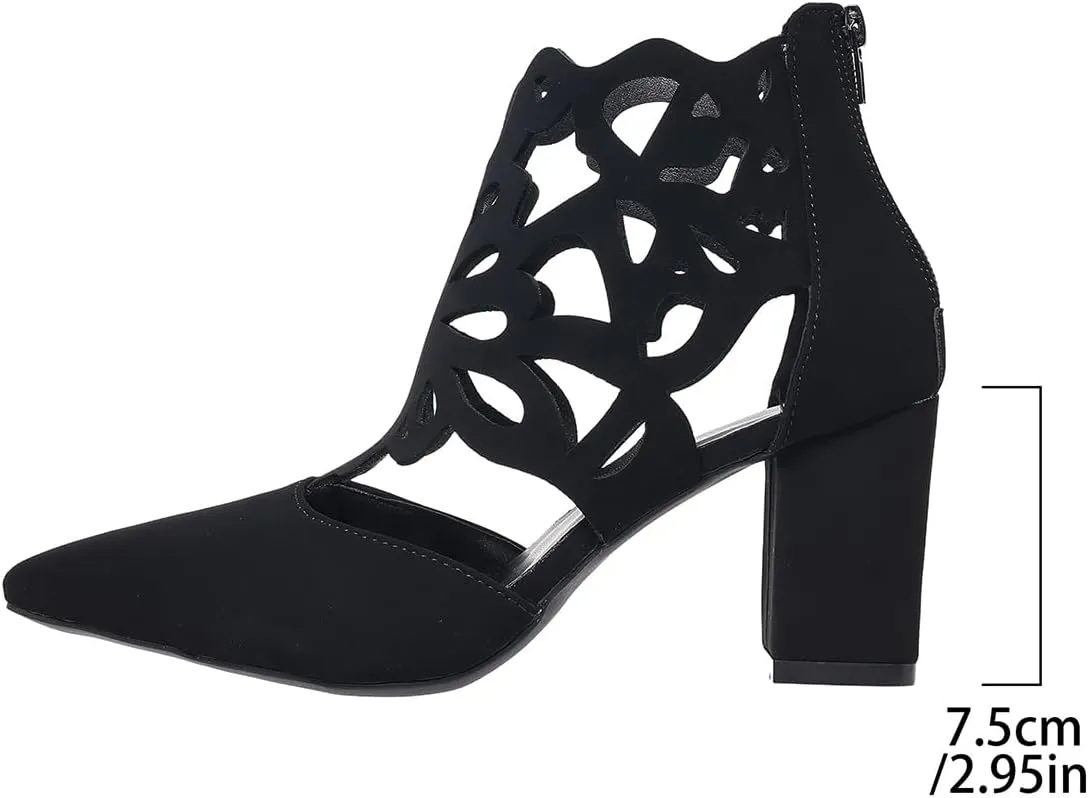 Women's Pointed Toe Booties Chunky Mid High Heels Ankle Boots Classic Cutout Block Back Zippers Dress Party Shoes
