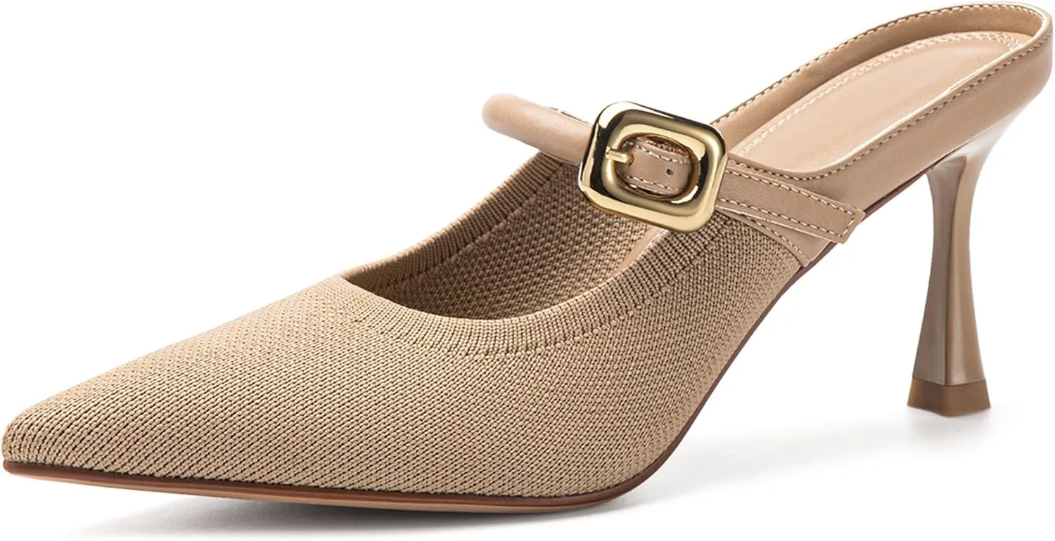 Women's Pointed Toe Heeled Mules, Knit Sandals, Slip-On Shoes