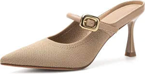 Women's Pointed Toe Heeled Mules, Knit Sandals, Slip-On Shoes