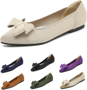 Women's Pointed Toe Knit Bow Ballet Flat Comfortable Breathable Mesh Slip On Work Office Dress Shoes Lightweight Non-Slip Mam Nurse Walking Shoes