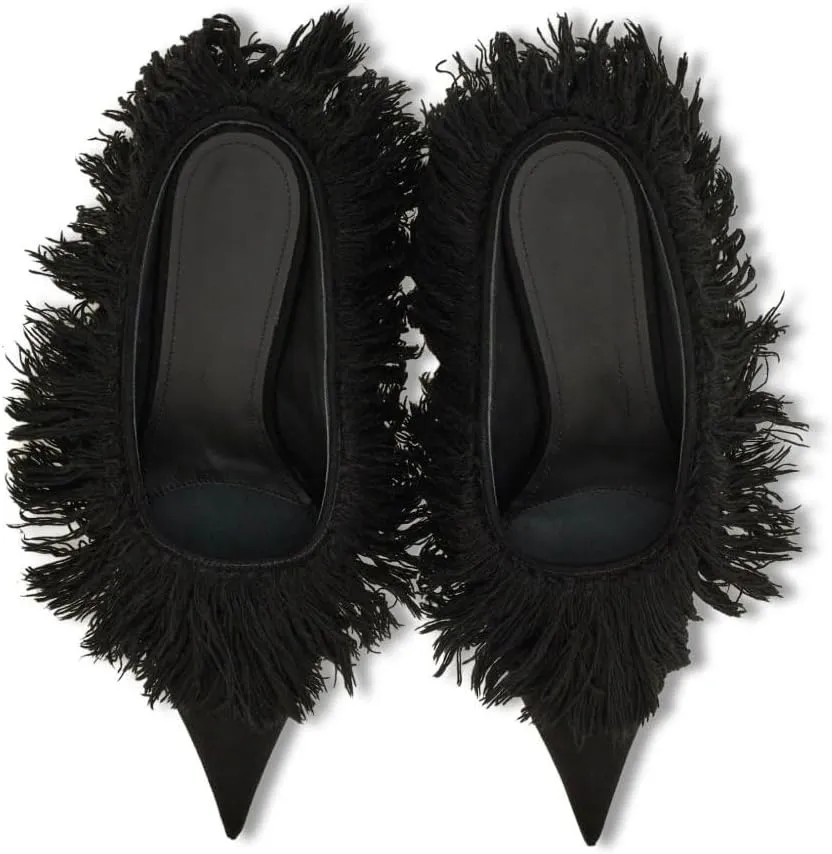Women's Pointed Toe Mules Chic Low Heel Fringe Sandals Boho Feathered-detail Dressy Summer Slides for Party Shows Wedding