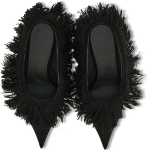 Women's Pointed Toe Mules Chic Low Heel Fringe Sandals Boho Feathered-detail Dressy Summer Slides for Party Shows Wedding