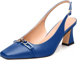 Womens Pumps, Small Square Toe Mid Small Block Heel Slingback Pumps for Women, Leather Insole Dress Pumps with Metal Buckle for Working 2.5"