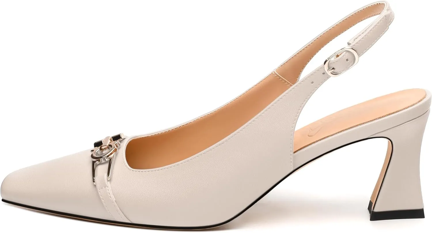 Womens Pumps, Small Square Toe Mid Small Block Heel Slingback Pumps for Women, Leather Insole Dress Pumps with Metal Buckle for Working 2.5"