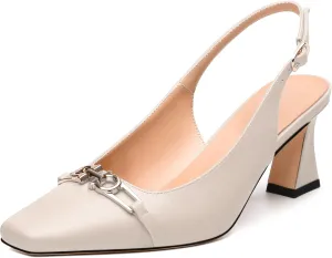 Womens Pumps, Small Square Toe Mid Small Block Heel Slingback Pumps for Women, Leather Insole Dress Pumps with Metal Buckle for Working 2.5"
