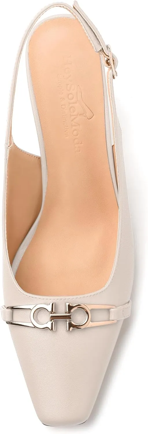 Womens Pumps, Small Square Toe Mid Small Block Heel Slingback Pumps for Women, Leather Insole Dress Pumps with Metal Buckle for Working 2.5"