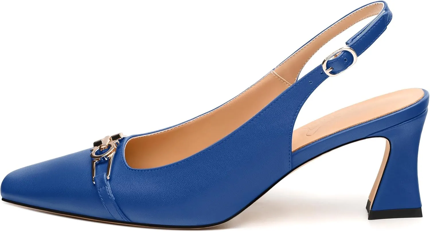 Womens Pumps, Small Square Toe Mid Small Block Heel Slingback Pumps for Women, Leather Insole Dress Pumps with Metal Buckle for Working 2.5"