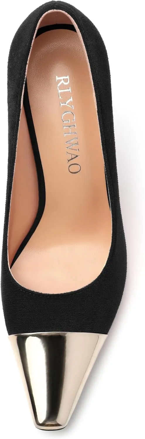 Women's Pumps, Square Toe High Heels, Fashion Patchwork Color Slip On Chunky Heel Shoes for Women