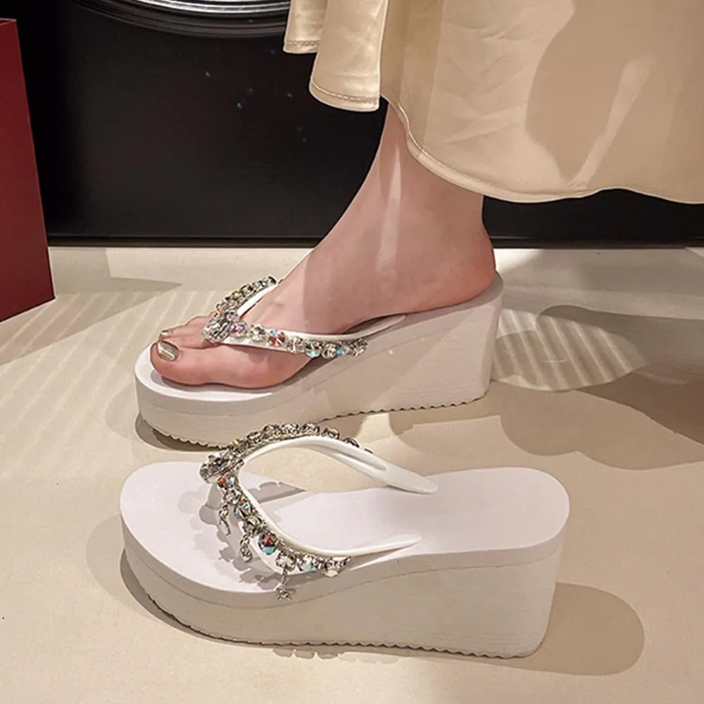 Women's Rhinestone Platform Flip Flops Boho Sparkly Wedge Thong Sandals Trendy Outdoor Slippers Summer Beach Slide Sandals
