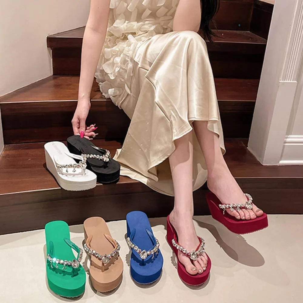 Women's Rhinestone Platform Flip Flops Boho Sparkly Wedge Thong Sandals Trendy Outdoor Slippers Summer Beach Slide Sandals