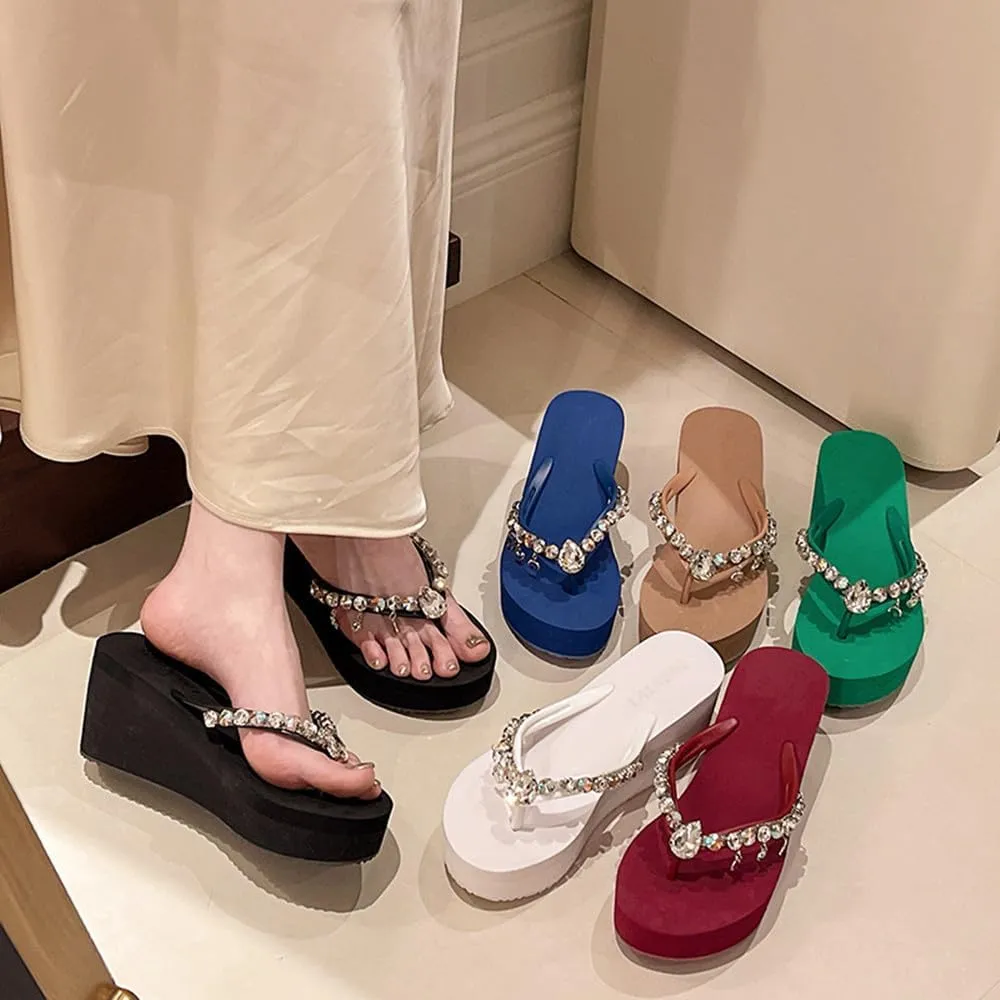 Women's Rhinestone Platform Flip Flops Boho Sparkly Wedge Thong Sandals Trendy Outdoor Slippers Summer Beach Slide Sandals