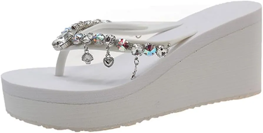 Women's Rhinestone Platform Flip Flops Boho Sparkly Wedge Thong Sandals Trendy Outdoor Slippers Summer Beach Slide Sandals