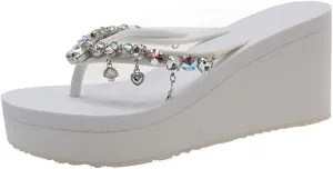 Women's Rhinestone Platform Flip Flops Boho Sparkly Wedge Thong Sandals Trendy Outdoor Slippers Summer Beach Slide Sandals