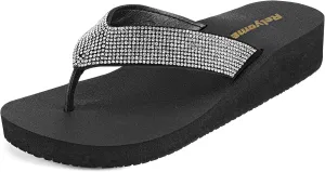 Womens Rhinestones Flip Flops Arch Support Mid Platform Bling Comfortable Flip-flops Jewel Dressy Thong Sandals