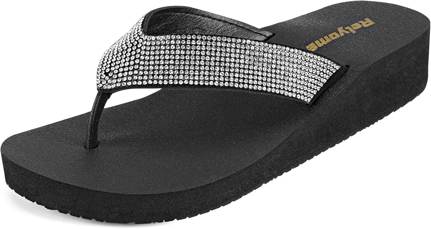 Womens Rhinestones Flip Flops Arch Support Mid Platform Bling Comfortable Flip-flops Jewel Dressy Thong Sandals