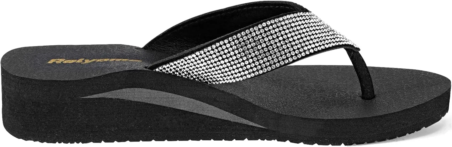 Womens Rhinestones Flip Flops Arch Support Mid Platform Bling Comfortable Flip-flops Jewel Dressy Thong Sandals