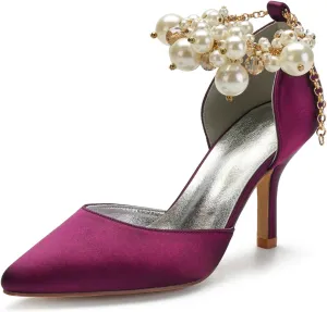 Women's Sandal 8CM High Heels Beaded Bowknot Strap Bridal Wedding Shoes Satin Stiletto Pump Elegant Formal Women's Sandal Pointed Toe,Purple,4