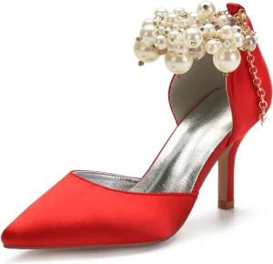 Women's Sandal 8CM High Heels Beaded Bowknot Strap Bridal Wedding Shoes Satin Stiletto Pump Elegant Formal Women's Sandal Pointed Toe,Red,11.5