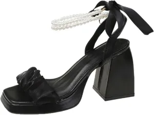 Womens Sandals Chunky High Heels Open Toe Pearl Strap Platform Dress Shoes Block Heel Elegant Party Wedding Sandals
