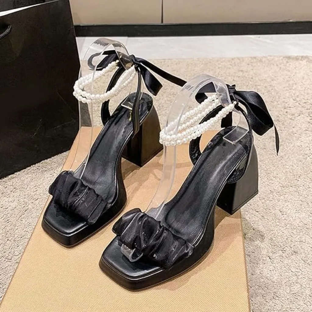 Womens Sandals Chunky High Heels Open Toe Pearl Strap Platform Dress Shoes Block Heel Elegant Party Wedding Sandals