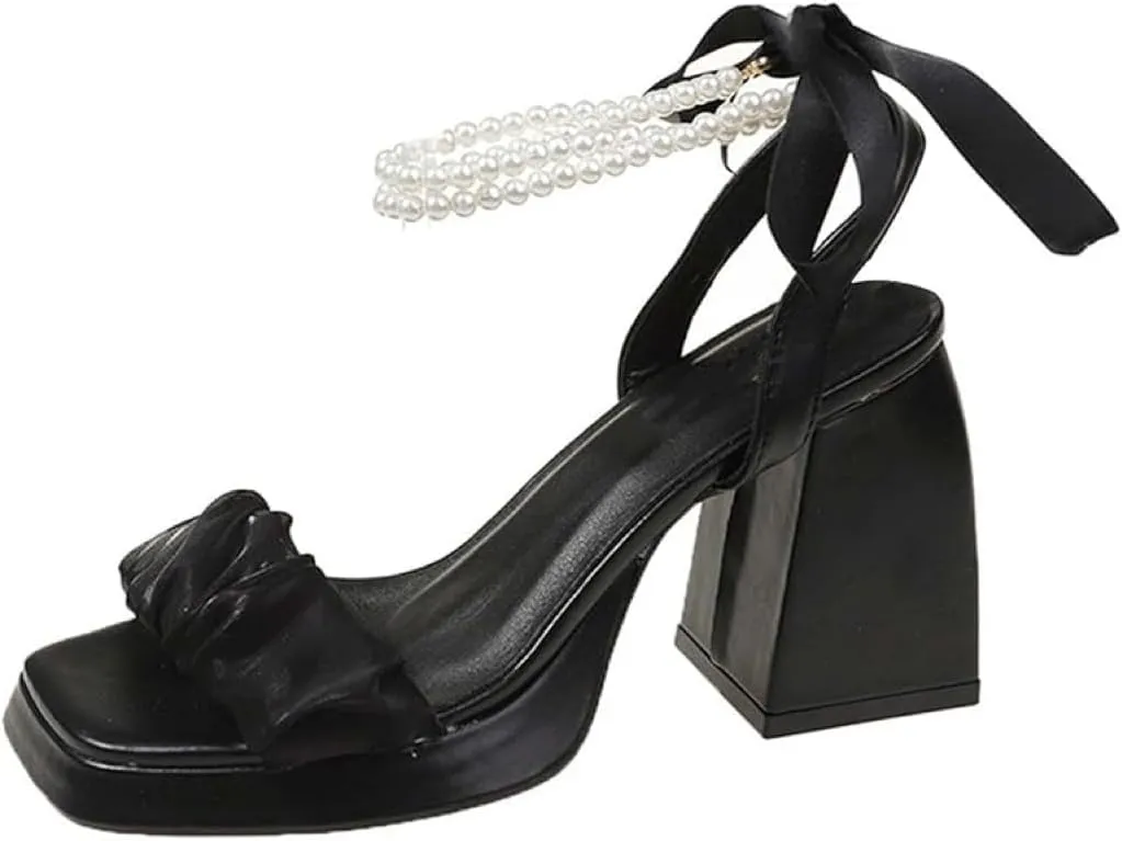 Womens Sandals Chunky High Heels Open Toe Pearl Strap Platform Dress Shoes Block Heel Elegant Party Wedding Sandals