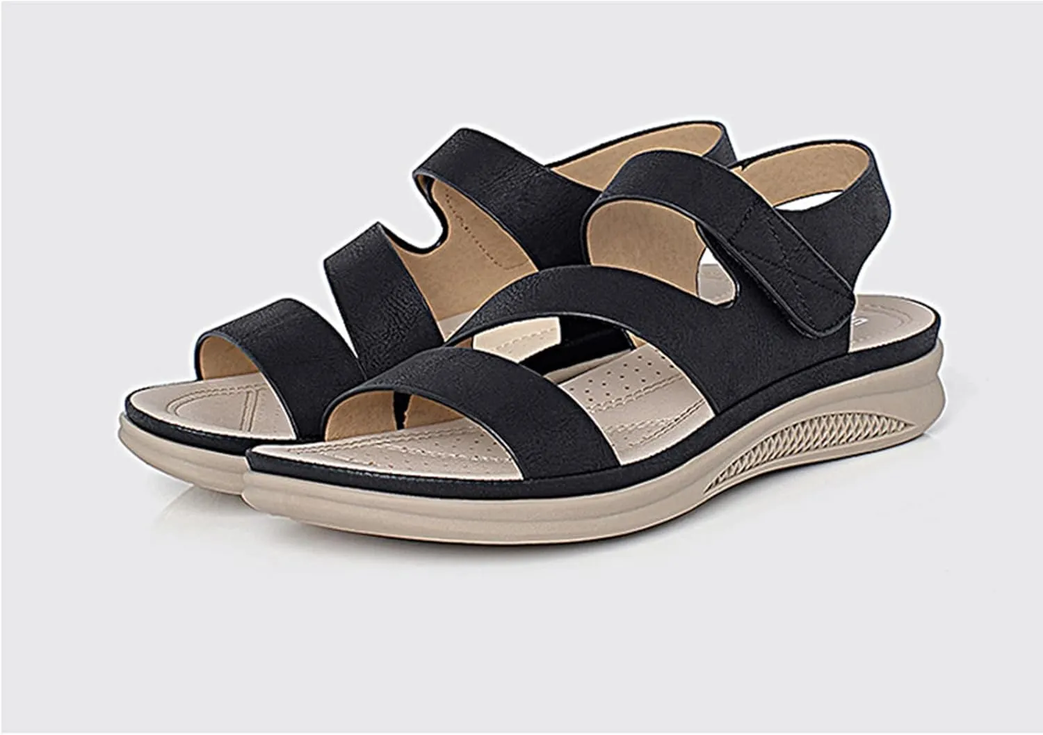 Womens Sandals Flats Comfortable Leather Walking Orthopedic Sandals Open Toe Hook And Loop Closure Non Slip Sandal Comfort Yoga Mat Shoes for Women