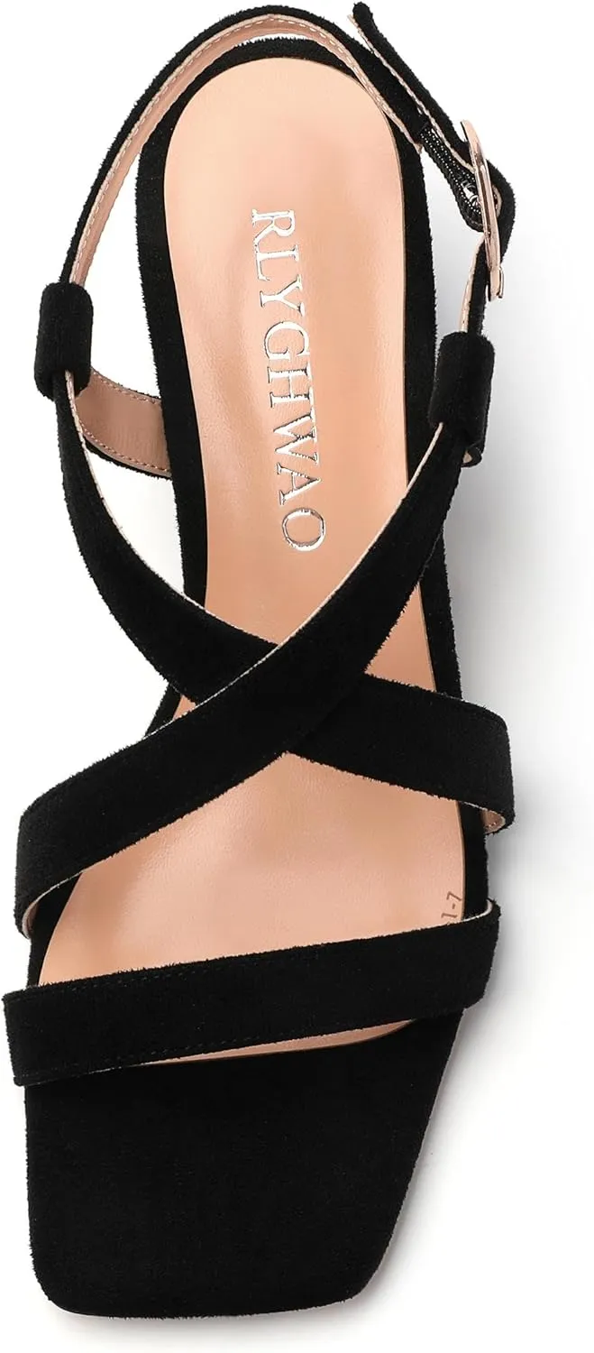 Womens Sandals, Square Open Toe Low Chunky Heels, Adjustable Strap Buckle Fashion Solid Sandal