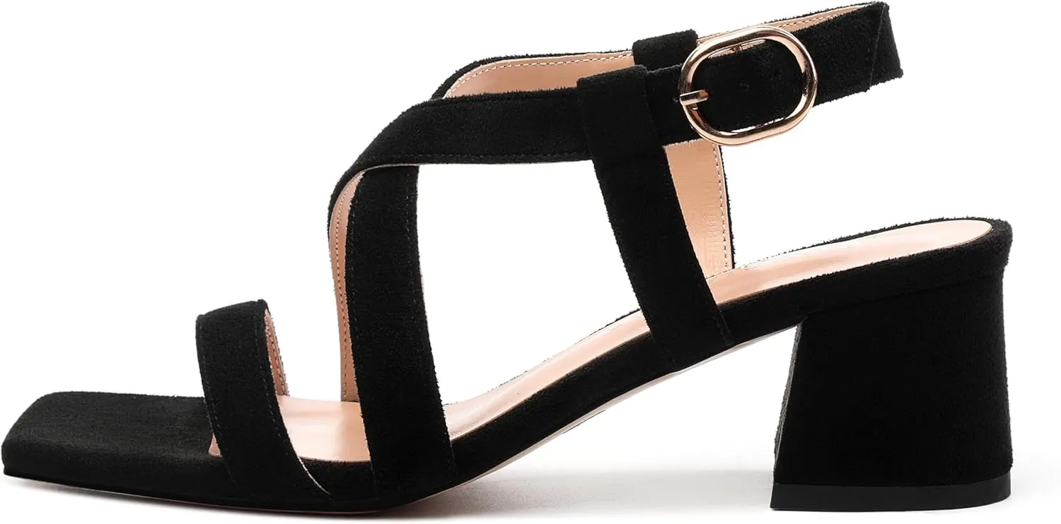 Womens Sandals, Square Open Toe Low Chunky Heels, Adjustable Strap Buckle Fashion Solid Sandal
