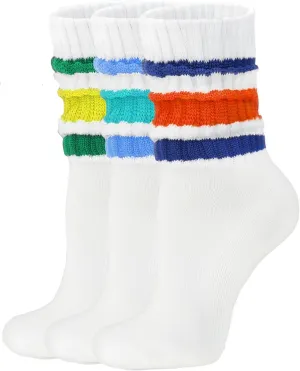 Women's Scrunch Crew Socks Retro 3-Pack Solid Cotton Boot Calf Socks Chunky Ribbed Cozy Slouchy Socks Size 5-11