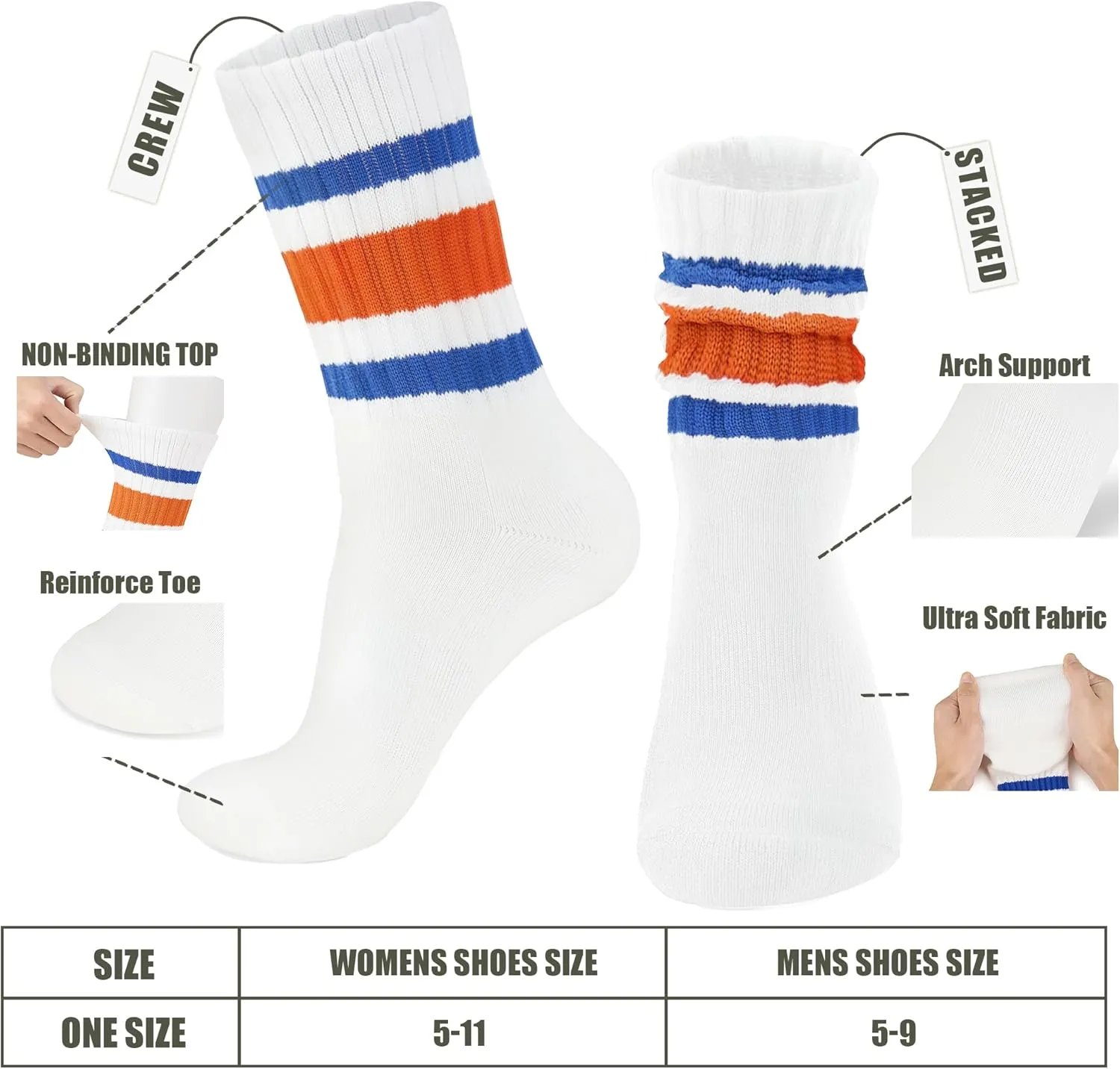 Women's Scrunch Crew Socks Retro 3-Pack Solid Cotton Boot Calf Socks Chunky Ribbed Cozy Slouchy Socks Size 5-11