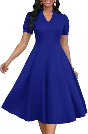 Womens Short Puff Sleeve V Neck Casual Semi-Formal Cocktail Party A-Line Dress