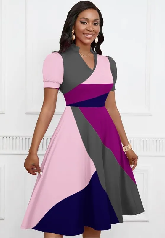 Womens Short Puff Sleeve V Neck Casual Semi-Formal Cocktail Party A-Line Dress