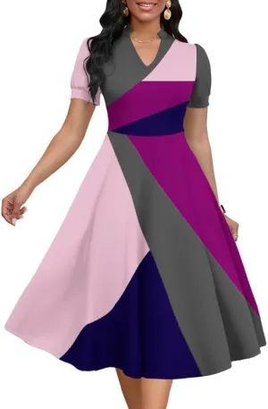 Womens Short Puff Sleeve V Neck Casual Semi-Formal Cocktail Party A-Line Dress