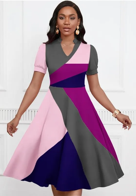 Womens Short Puff Sleeve V Neck Casual Semi-Formal Cocktail Party A-Line Dress