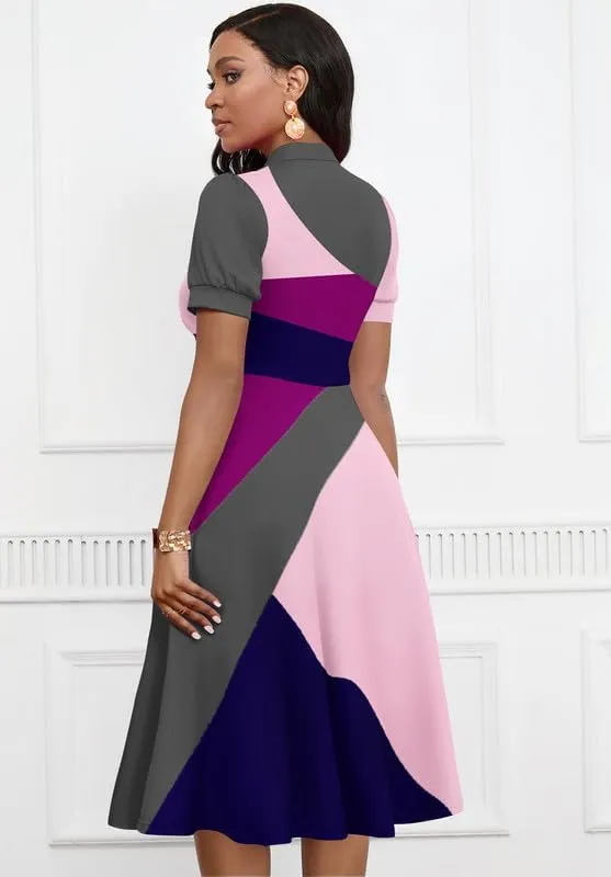 Womens Short Puff Sleeve V Neck Casual Semi-Formal Cocktail Party A-Line Dress