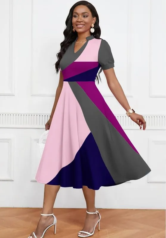 Womens Short Puff Sleeve V Neck Casual Semi-Formal Cocktail Party A-Line Dress
