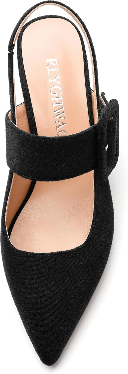 Women's Slingback Heels Mid Heel Pumps Pointed Closed Toe Chunky Heel Suede Wedding Party Shoes