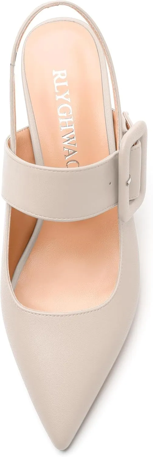 Women's Slingback Pumps, Pointed Toe Mid Heels, Adjustable Buckle Fashion Solid Color Chunky Heel Shoes for Women