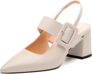 Women's Slingback Pumps, Pointed Toe Mid Heels, Adjustable Buckle Fashion Solid Color Chunky Heel Shoes for Women