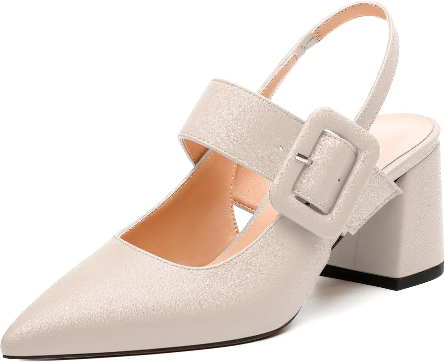 Women's Slingback Pumps, Pointed Toe Mid Heels, Adjustable Buckle Fashion Solid Color Chunky Heel Shoes for Women