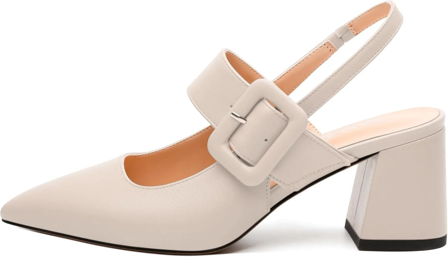 Women's Slingback Pumps, Pointed Toe Mid Heels, Adjustable Buckle Fashion Solid Color Chunky Heel Shoes for Women