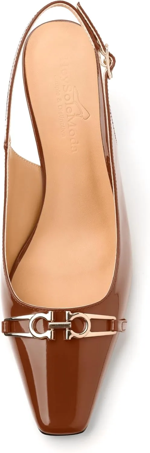 Womens Slingback Pumps, Small Square Toe and Chunky Heel Pumps with Metal Buckle, Leather Insole Comfort Slingbakc Daily Work Pumps 2.5"