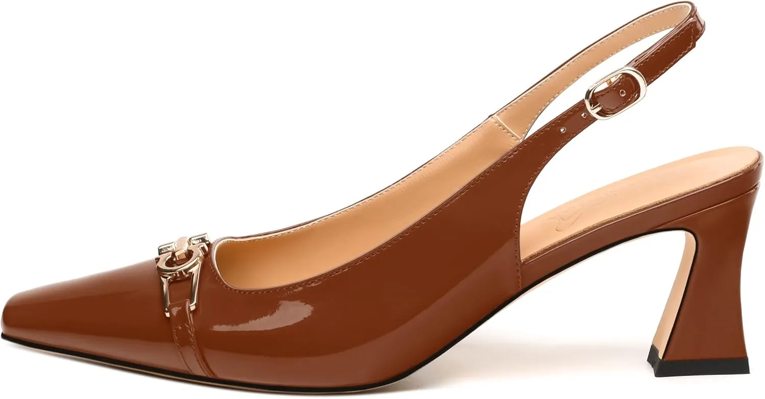 Womens Slingback Pumps, Small Square Toe and Chunky Heel Pumps with Metal Buckle, Leather Insole Comfort Slingbakc Daily Work Pumps 2.5"