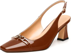 Womens Slingback Pumps, Small Square Toe and Chunky Heel Pumps with Metal Buckle, Leather Insole Comfort Slingbakc Daily Work Pumps 2.5"