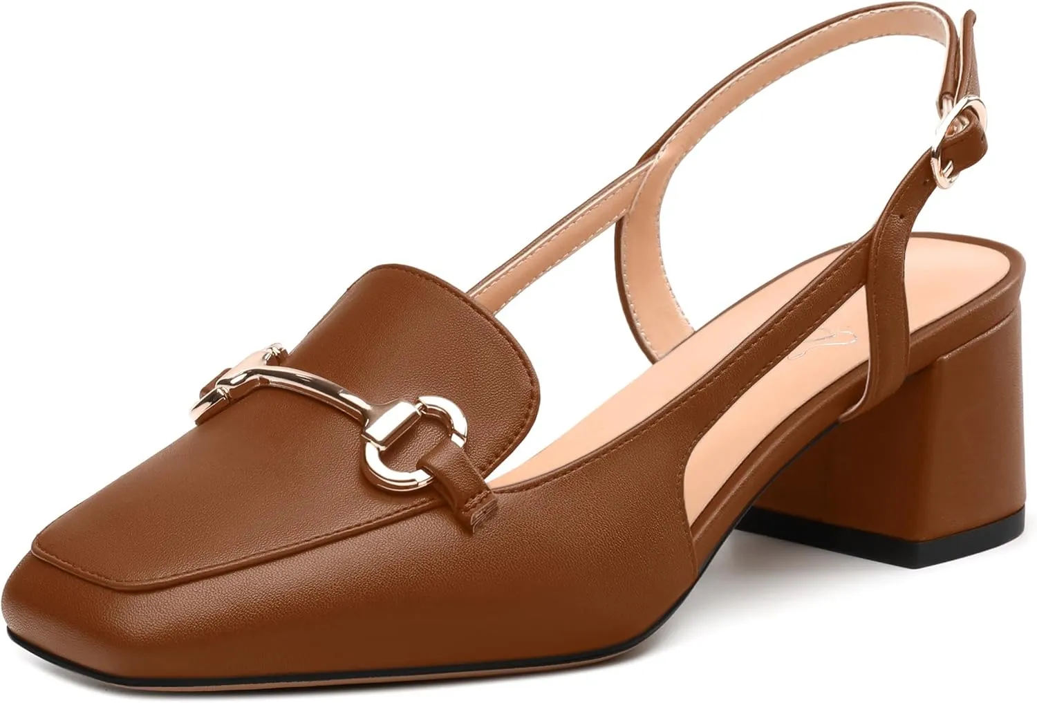 Womens Slingback Pumps, Square Toe Mid Block Heel Slingbacks for Women, Chunky Heel Pumps with Metal Buckle 2"